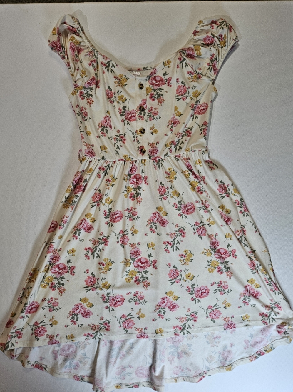 No Boundaries Juniors Peasant Dress Size Small White Pink Gold Floral